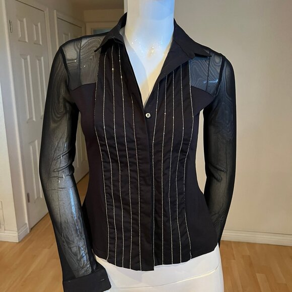 Y2K ANNE FONTAINE ROCCA CHAIN TRIM SHEER BLOUSE SIZE 36 FR / 4 US - Picture 1 of 5